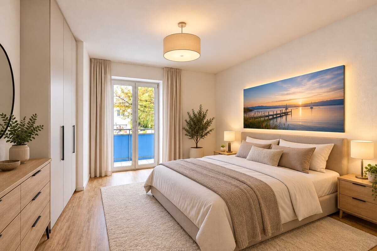 Schlafzimmer – virtuell möbliert mittels KI