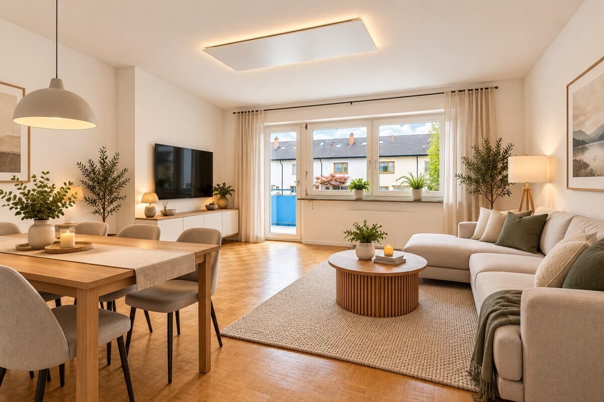 Wohnzimmer – virtuell möbliert mittels KI 